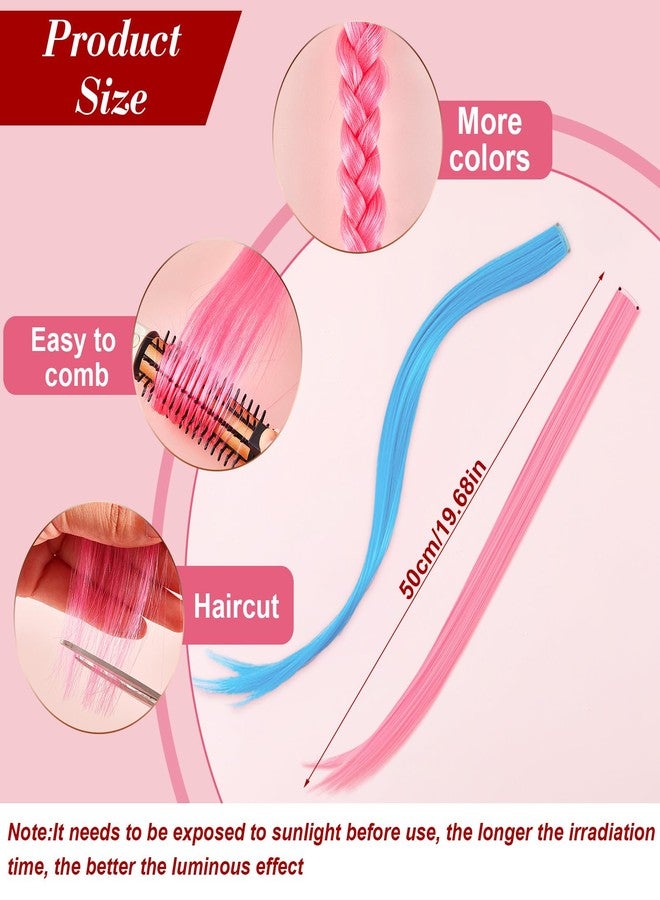 Juinte 20 Pcs Glow in The Dark Colored Hair Extensions 20 Inch Straight Color Clip Rainbow Halloween Party Hairpiece for Women, 10 Color(Dark Purple, Blue, Pink, Watermelon Red, Light Purple) - Image 2